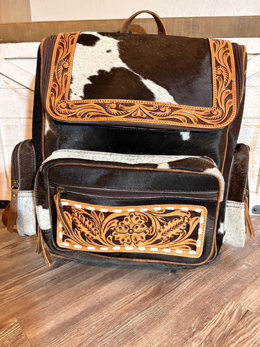 Tooled Leather & Cowhide Backpack / Diaper Bag
