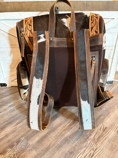 Tooled Leather & Cowhide Backpack / Diaper Bag