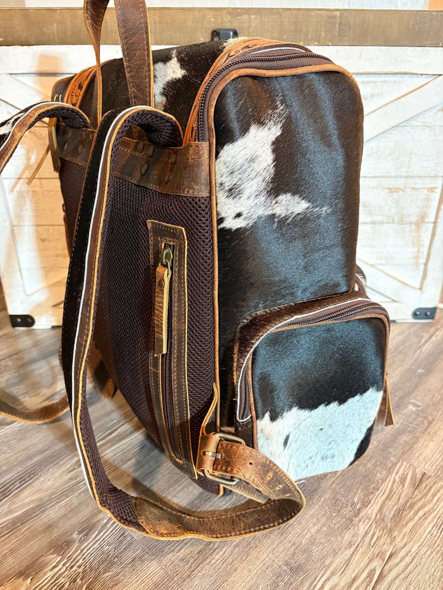 Tooled Leather & Cowhide Backpack / Diaper Bag