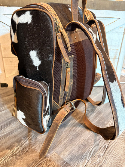 Tooled Leather & Cowhide Backpack / Diaper Bag