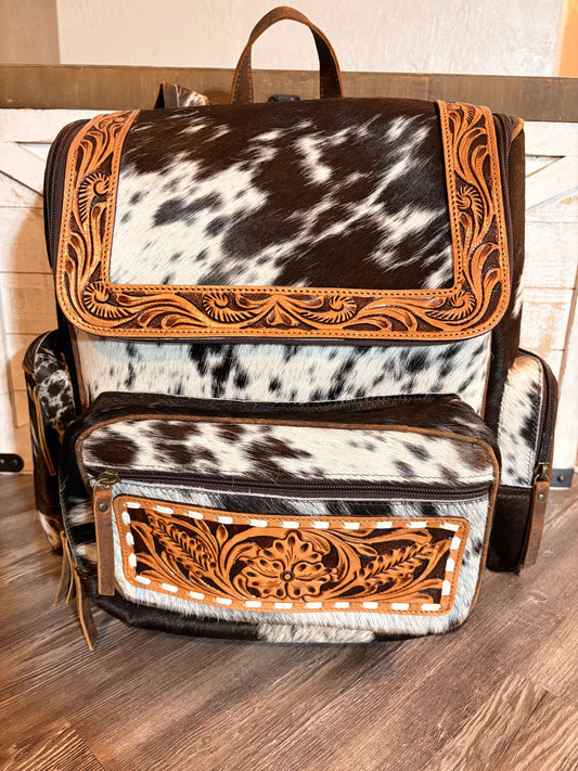 Tooled Leather and Cowhide Backpack / Diaper Bag