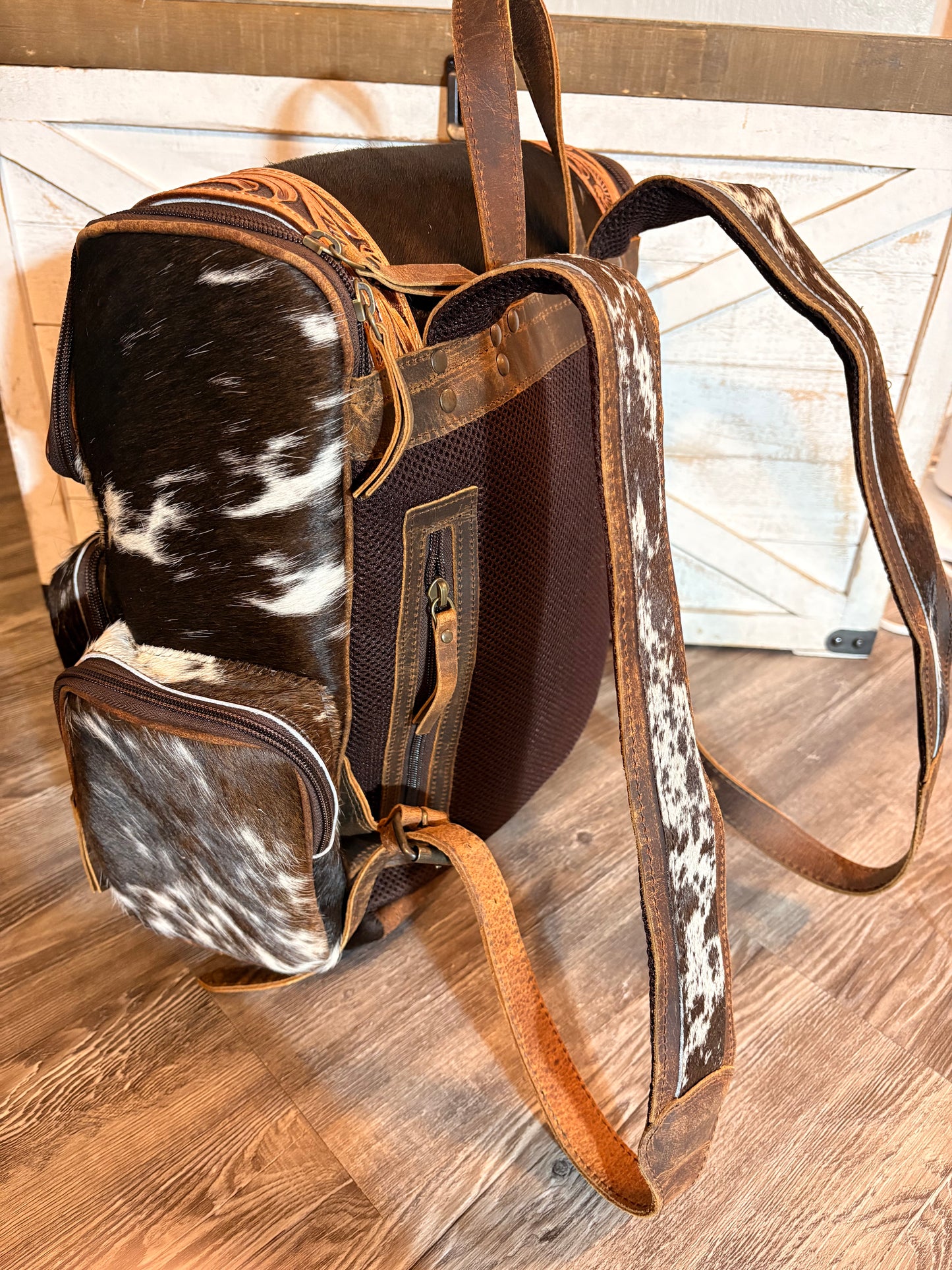 Tooled Leather and Cowhide Backpack / Diaper Bag