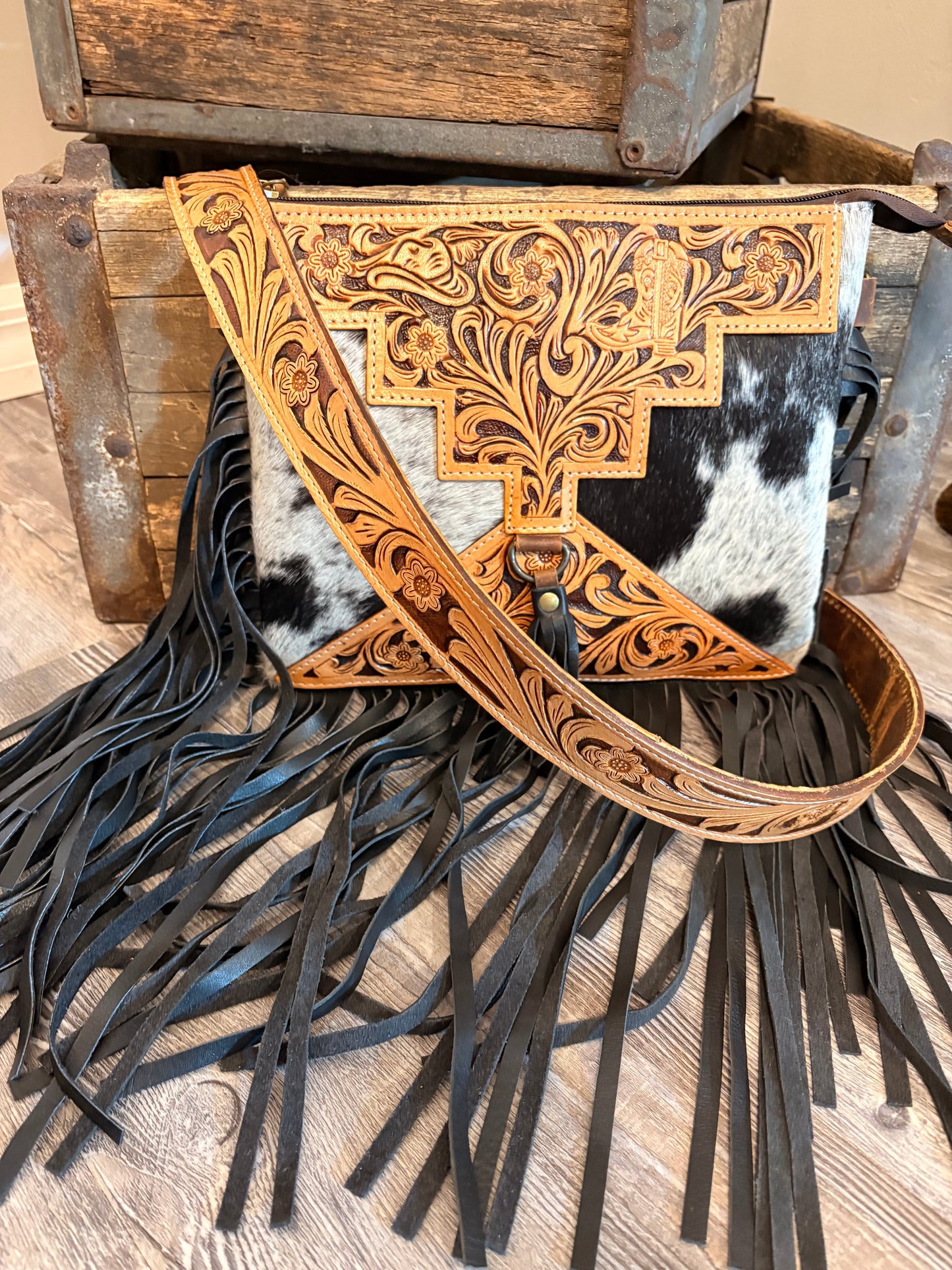 Black / White Cowhide & Tooled Leather Concealed Carry Crossbody