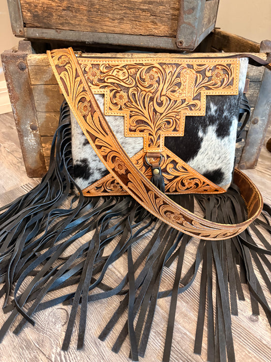 Black / White Cowhide & Tooled Leather Concealed Carry Crossbody