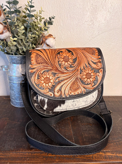Black / Tooled Leather with Cowhide Crossbody