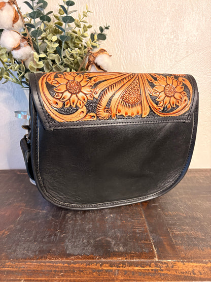 Black / Tooled Leather with Cowhide Crossbody