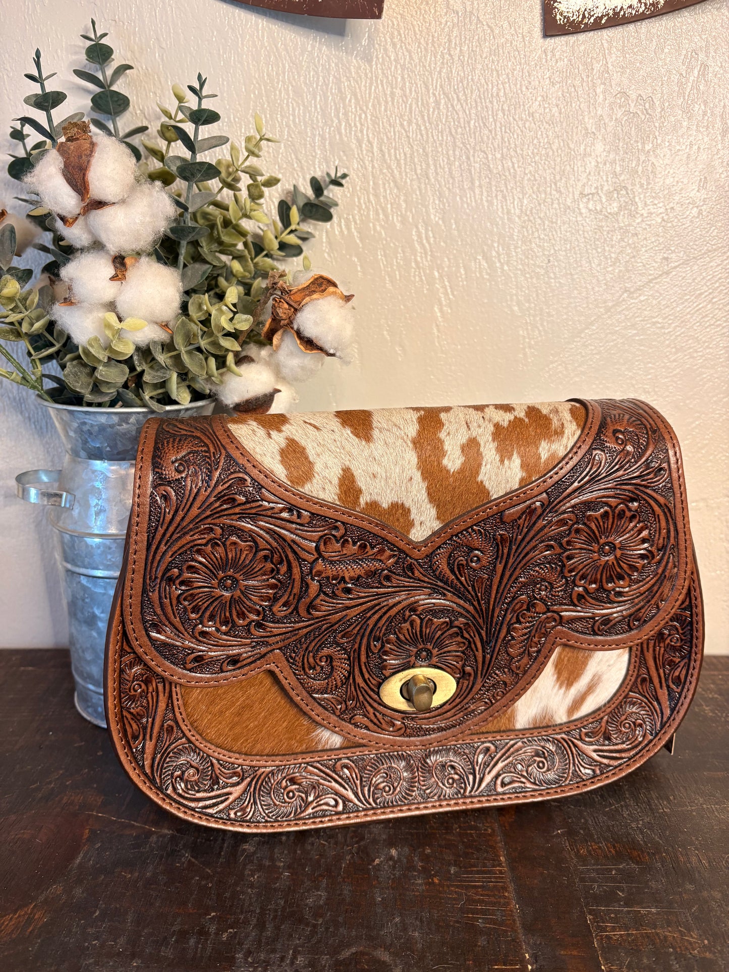 American Bison Tooled Leather / Cowhide Crossbody
