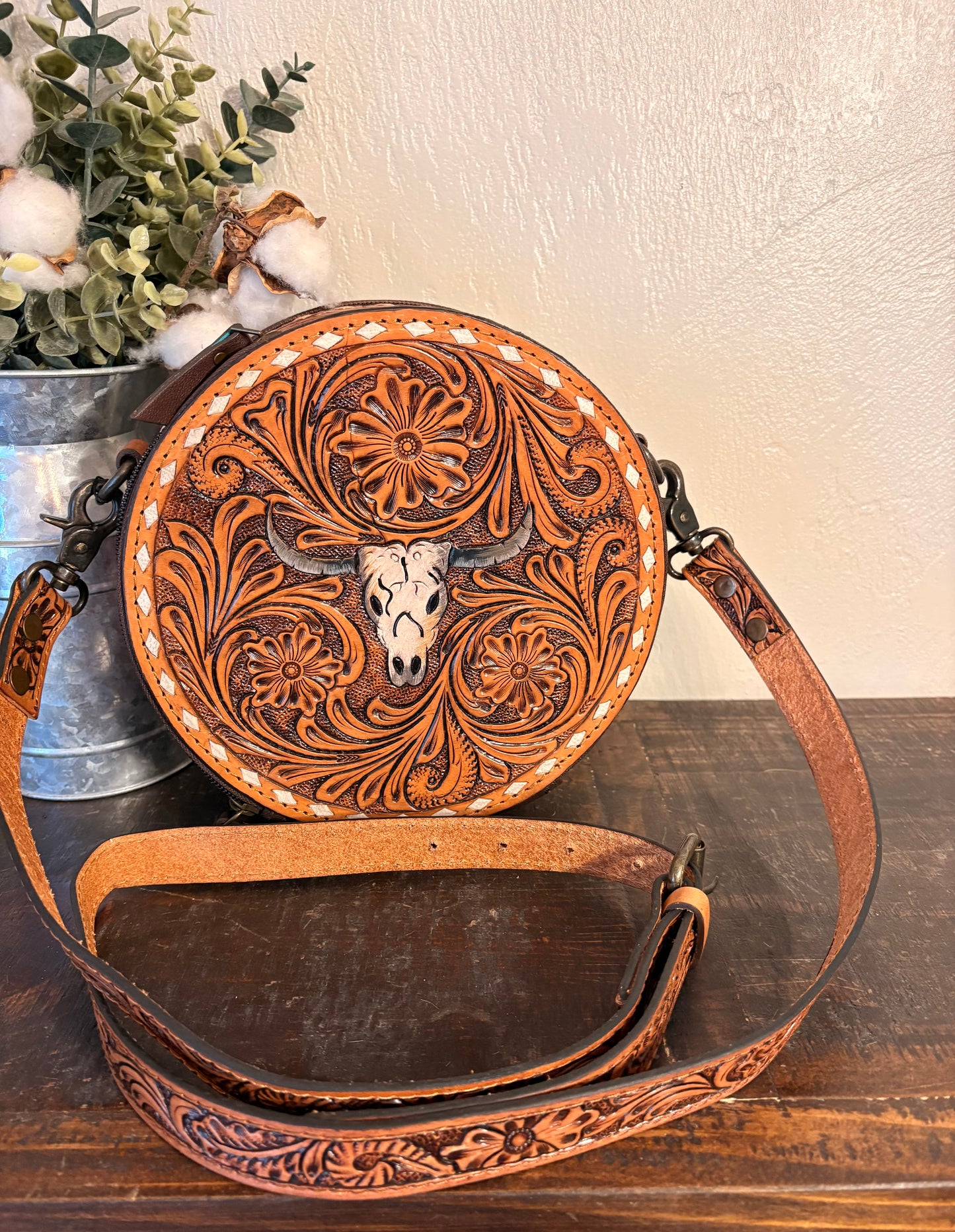 Tooled Leather / Longhorn Canteen Crossbody