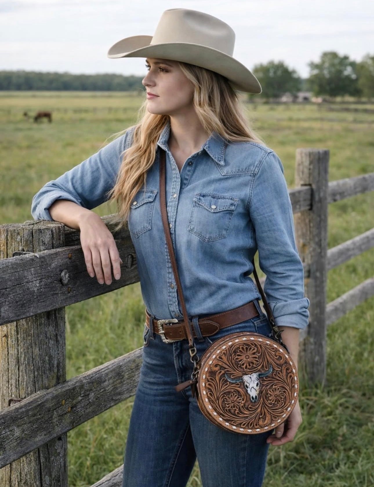 Tooled Leather / Longhorn Canteen Crossbody