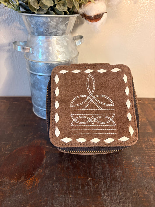 Dark Brown Suede Boot Stitch Jewelry Box