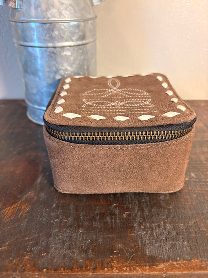 Dark Brown Suede Boot Stitch Jewelry Box