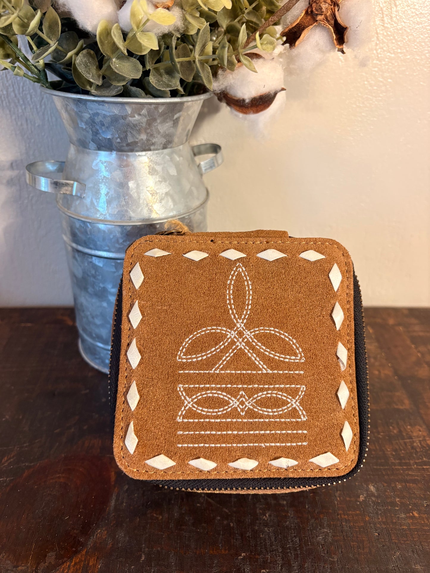 Light Brown Suede Boot Stitch Jewelry Box