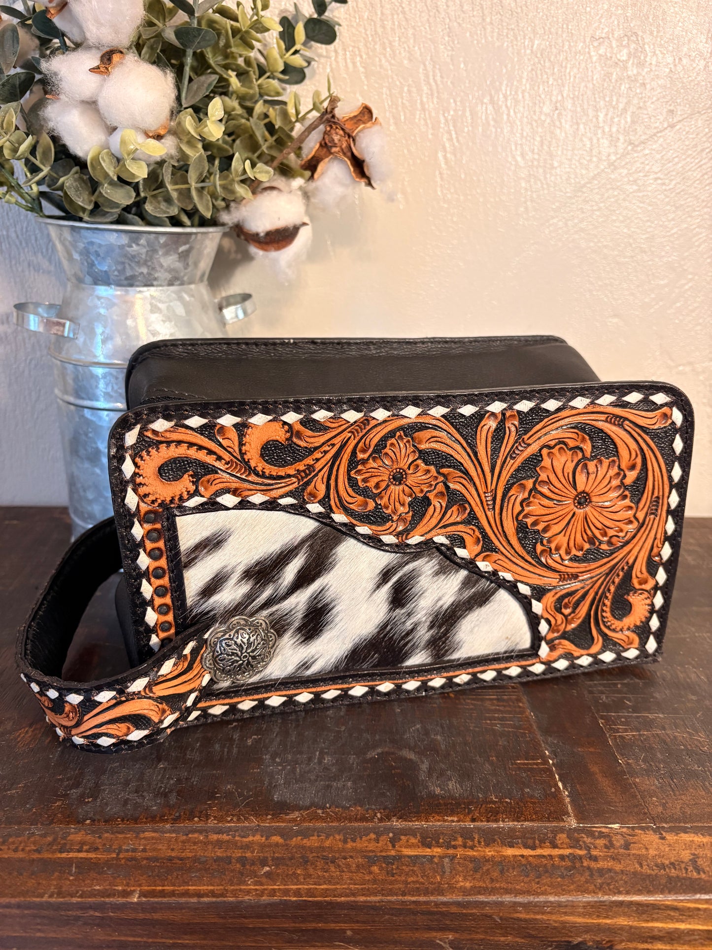 Black / Tooled Leather Cowhide Cosmetic / Toiletry Bag
