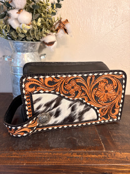 Black / Tooled Leather Cowhide Cosmetic / Toiletry Bag
