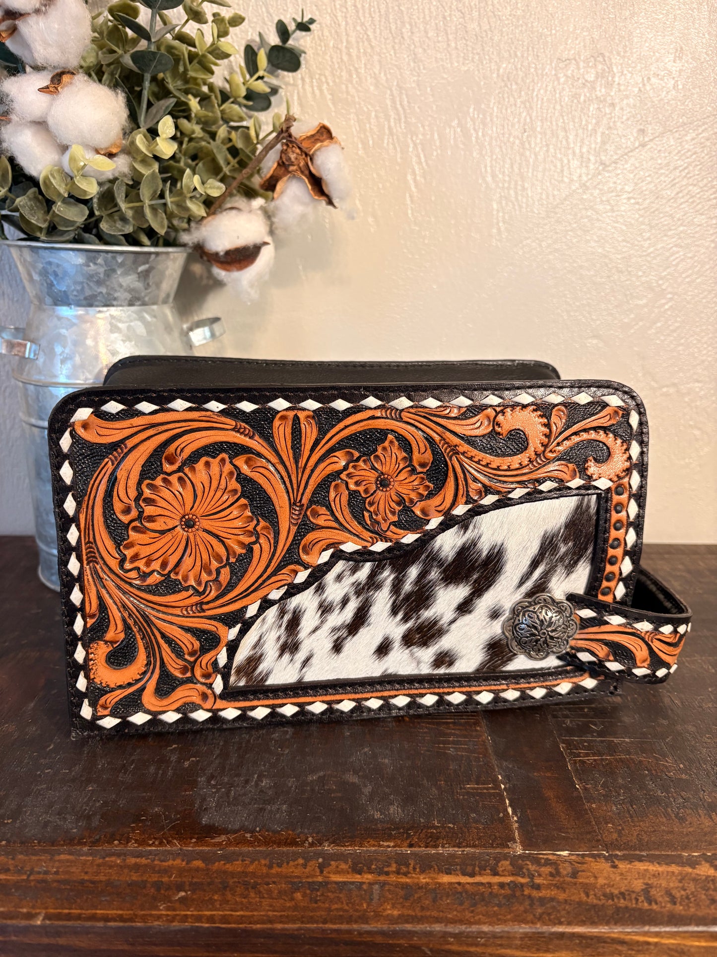 Black / Tooled Leather Cowhide Cosmetic / Toiletry Bag