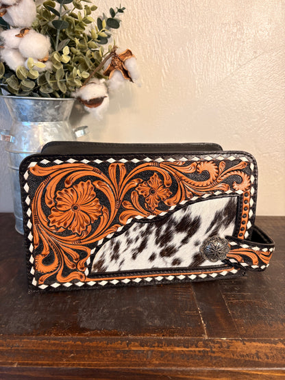 Black / Tooled Leather Cowhide Cosmetic / Toiletry Bag