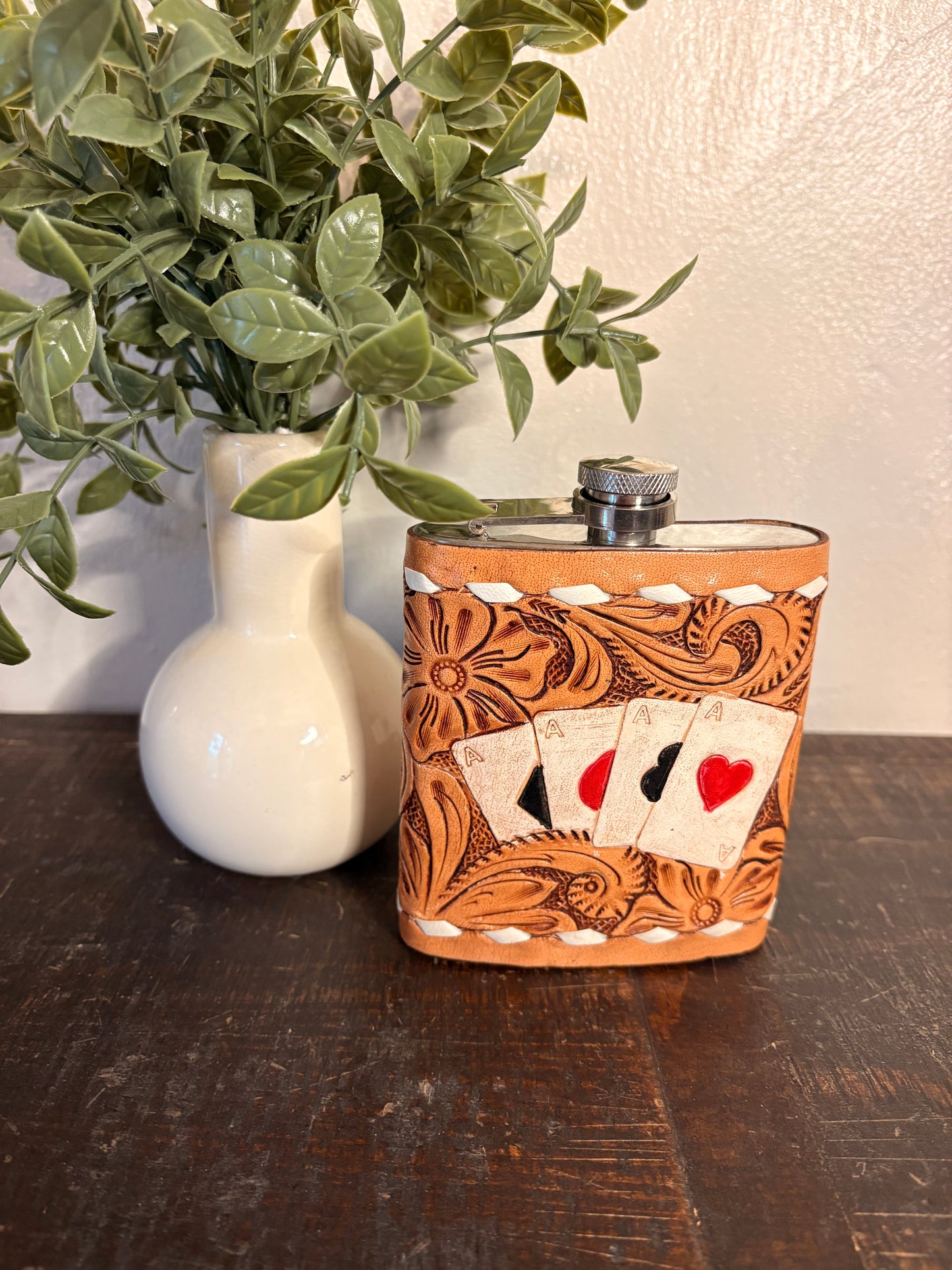 Tooled Leather Flask with Aces