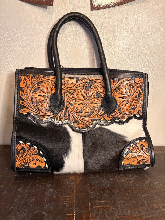 Black & White Cowhide / Tooled Leather Concealed Carry Purse