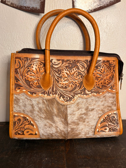 Tan & White Cowhide / Tooled Leather Concealed Carry Purse