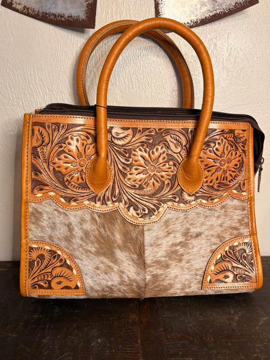 Tan & White Cowhide / Tooled Leather Concealed Carry Purse
