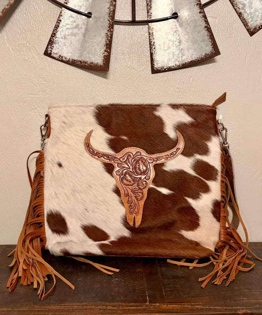American Bison Cowhide / Tooled Longhorn Concealed Carry Crossbody