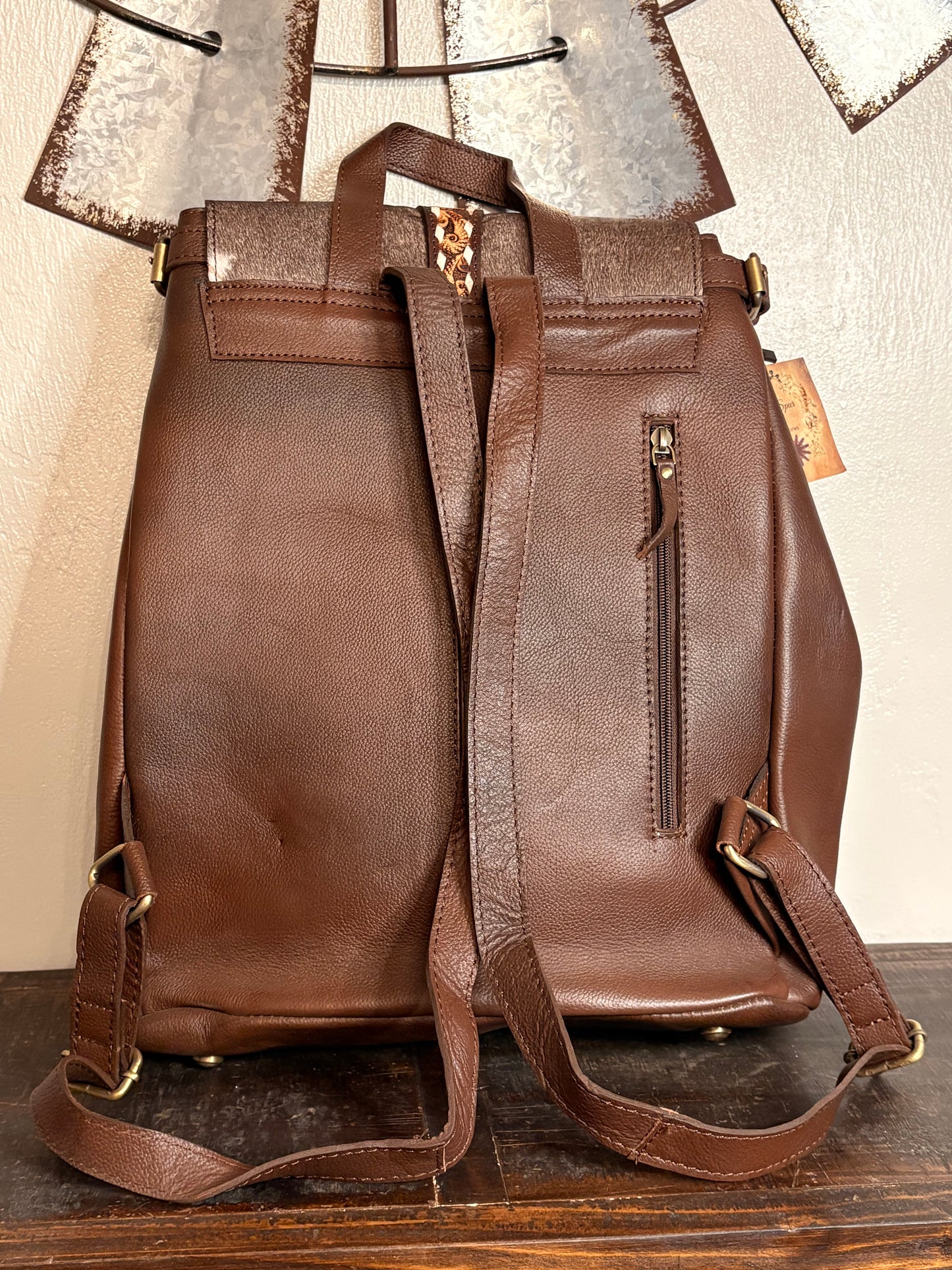Brown Leather and Cowhide Concealed Carry Backpack