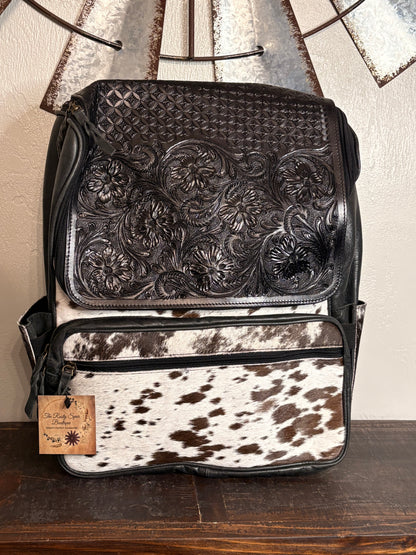 Black Tooled Leather and Cowhide Concealed Carry Backpack