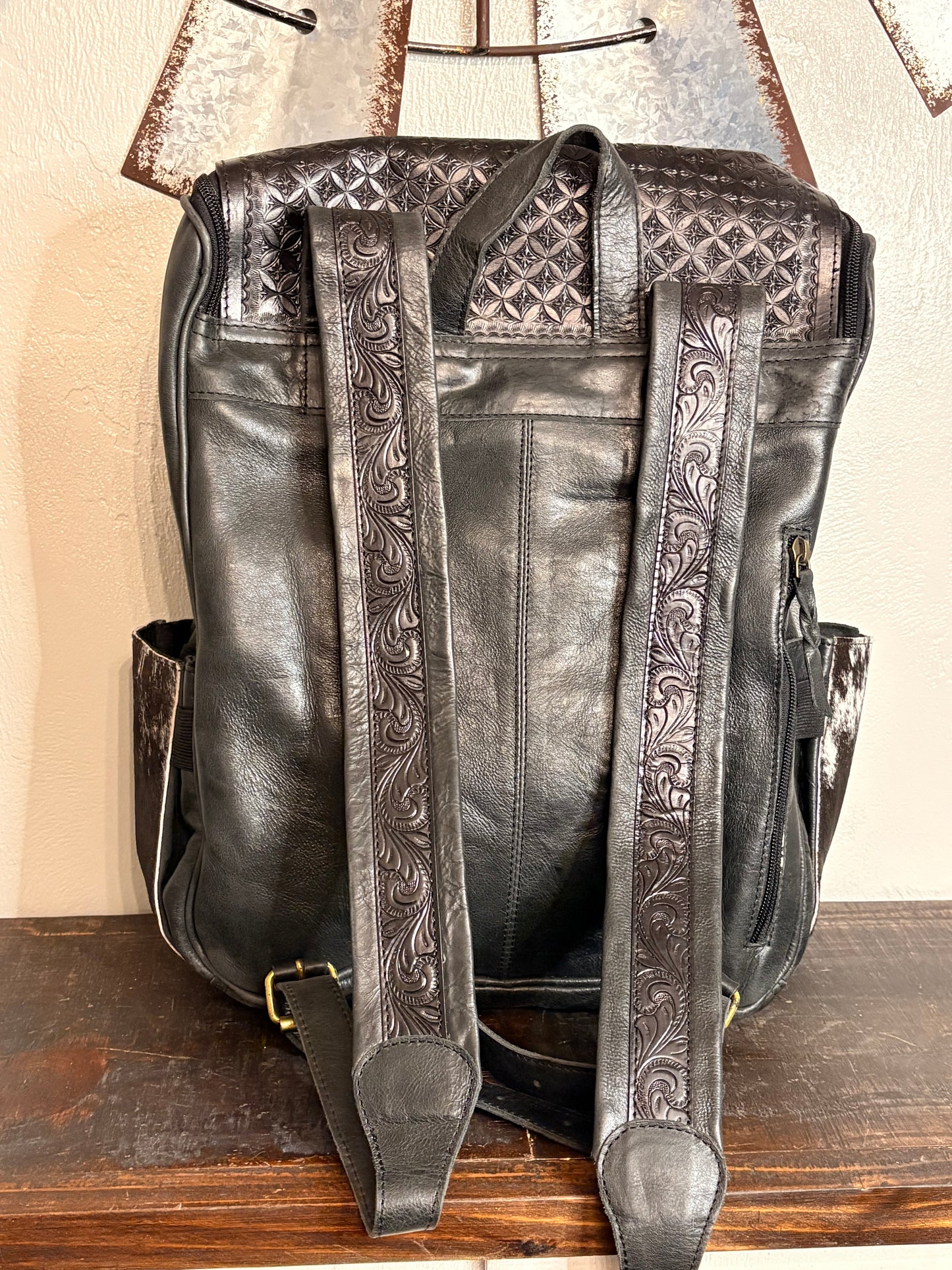 Black Tooled Leather and Cowhide Concealed Carry Backpack