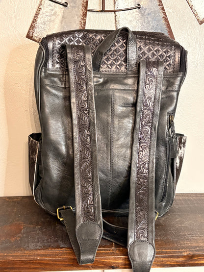 Black Tooled Leather and Cowhide Concealed Carry Backpack