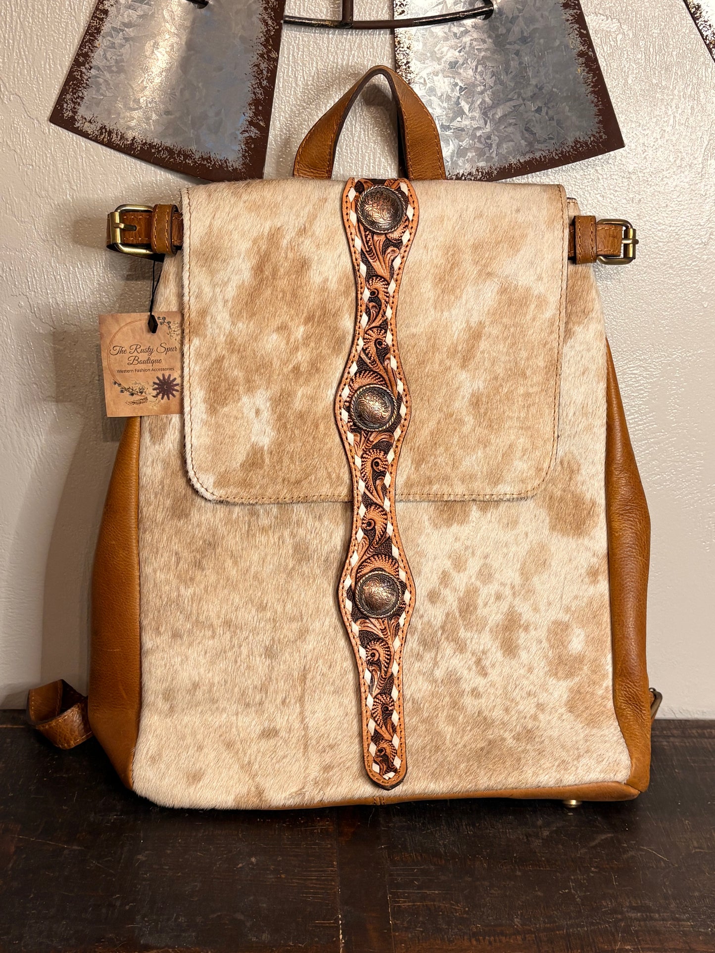 Tan Leather and Cowhide Concealed Backpack