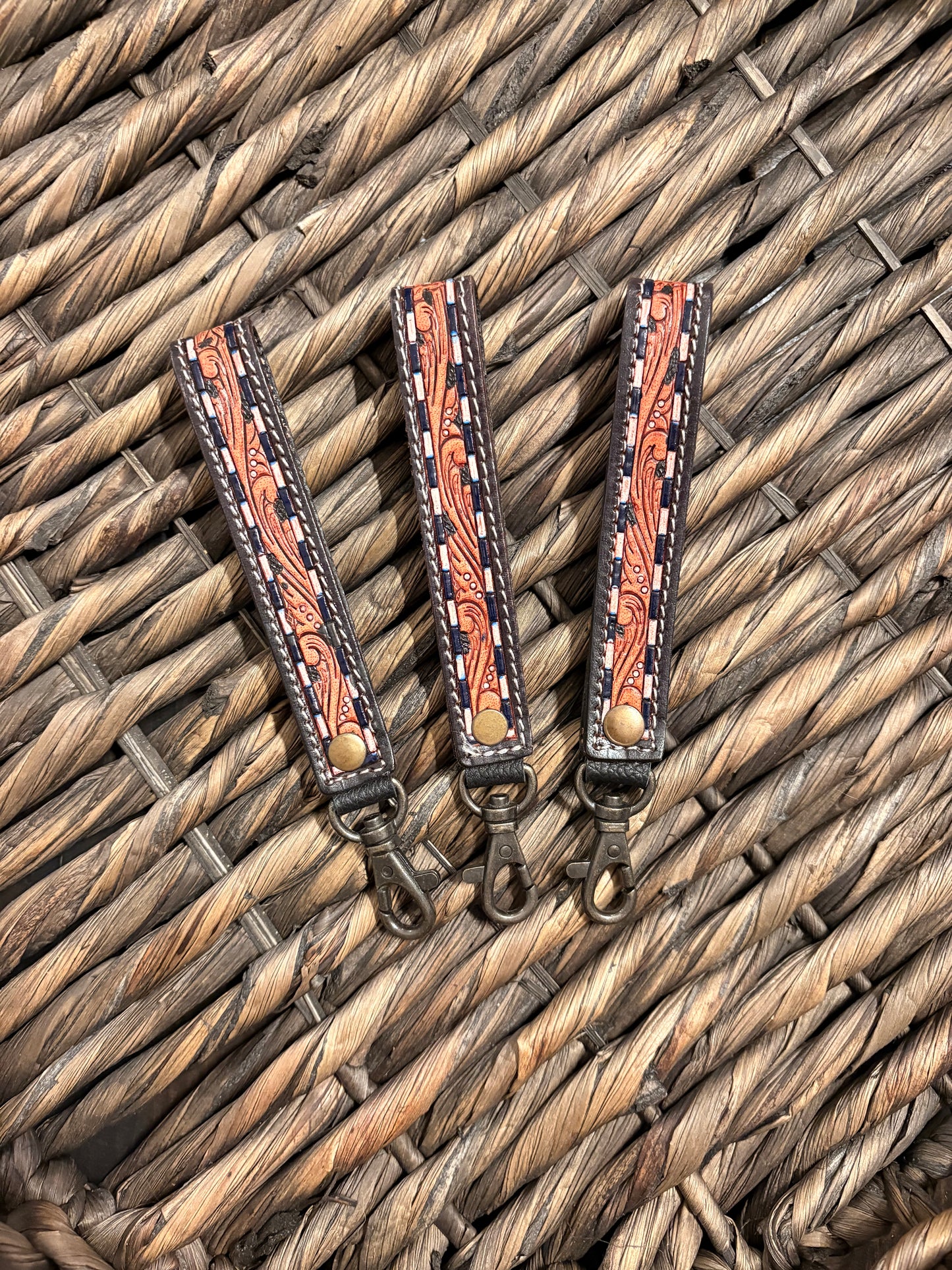 Black and White Checkered / Tooled Leather Key Chain