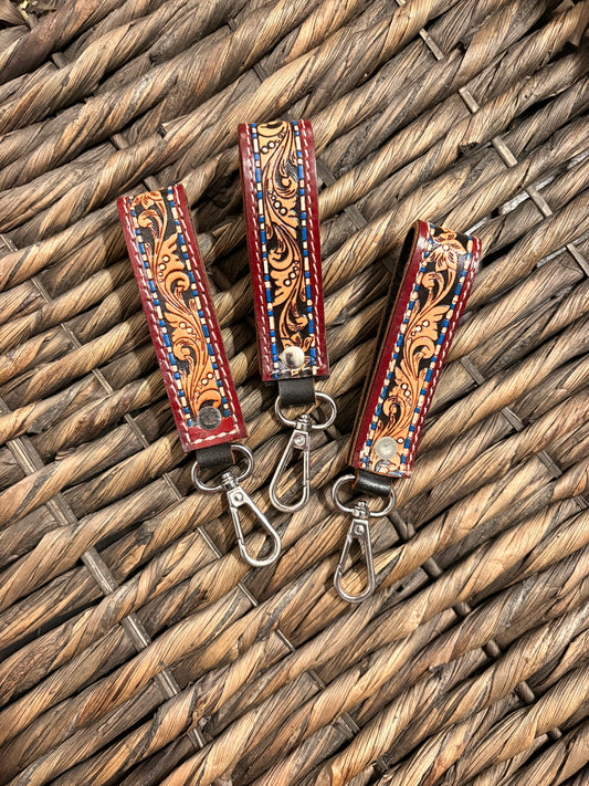 Blue and White Checkered / Tooled Leather Kay Chain