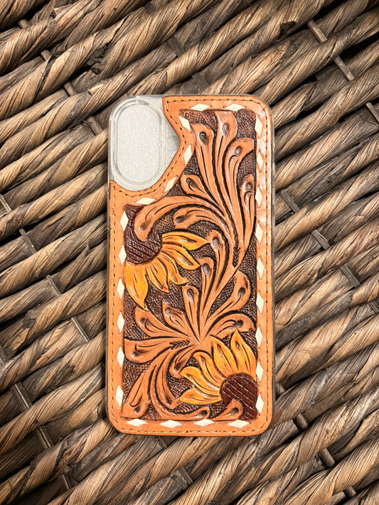 Sunflower Tooled Leather iPhone 16 Plus Phone Case