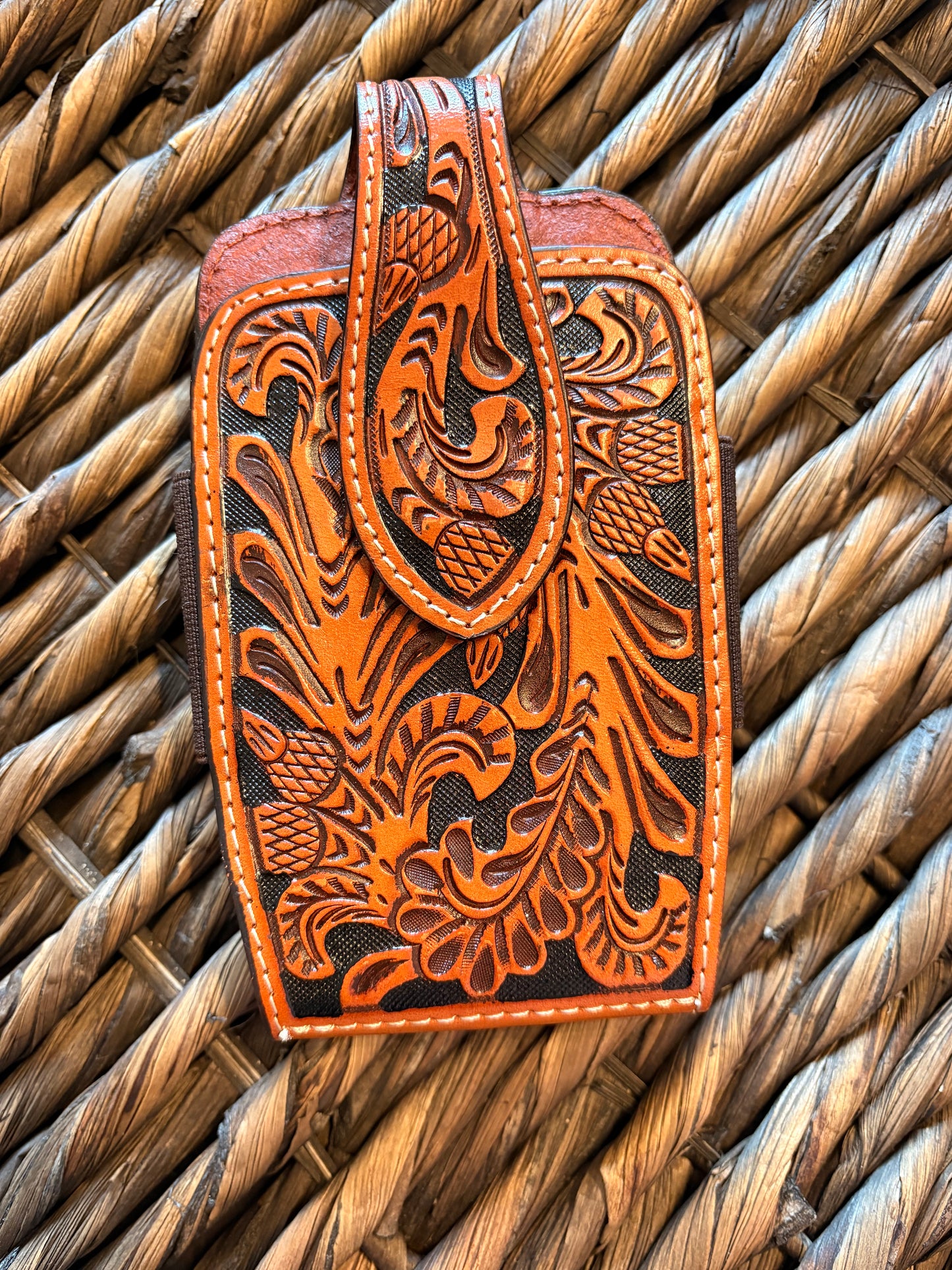Tooled Leather Phone Holder Belt Clip