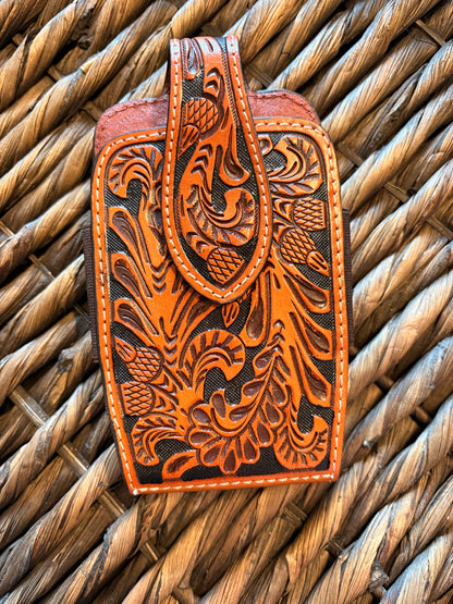 Tooled Leather Phone Holder Belt Clip