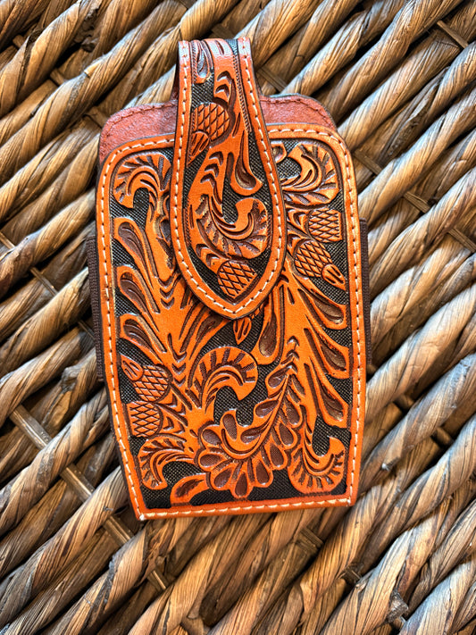 Tooled Leather Phone Holder Belt Clip