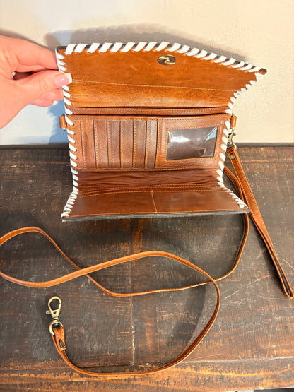 Tooled Leather & Cowhide Wallet / Crossbody / Clutch