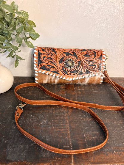 Tooled Leather & Cowhide Wallet / Crossbody / Clutch