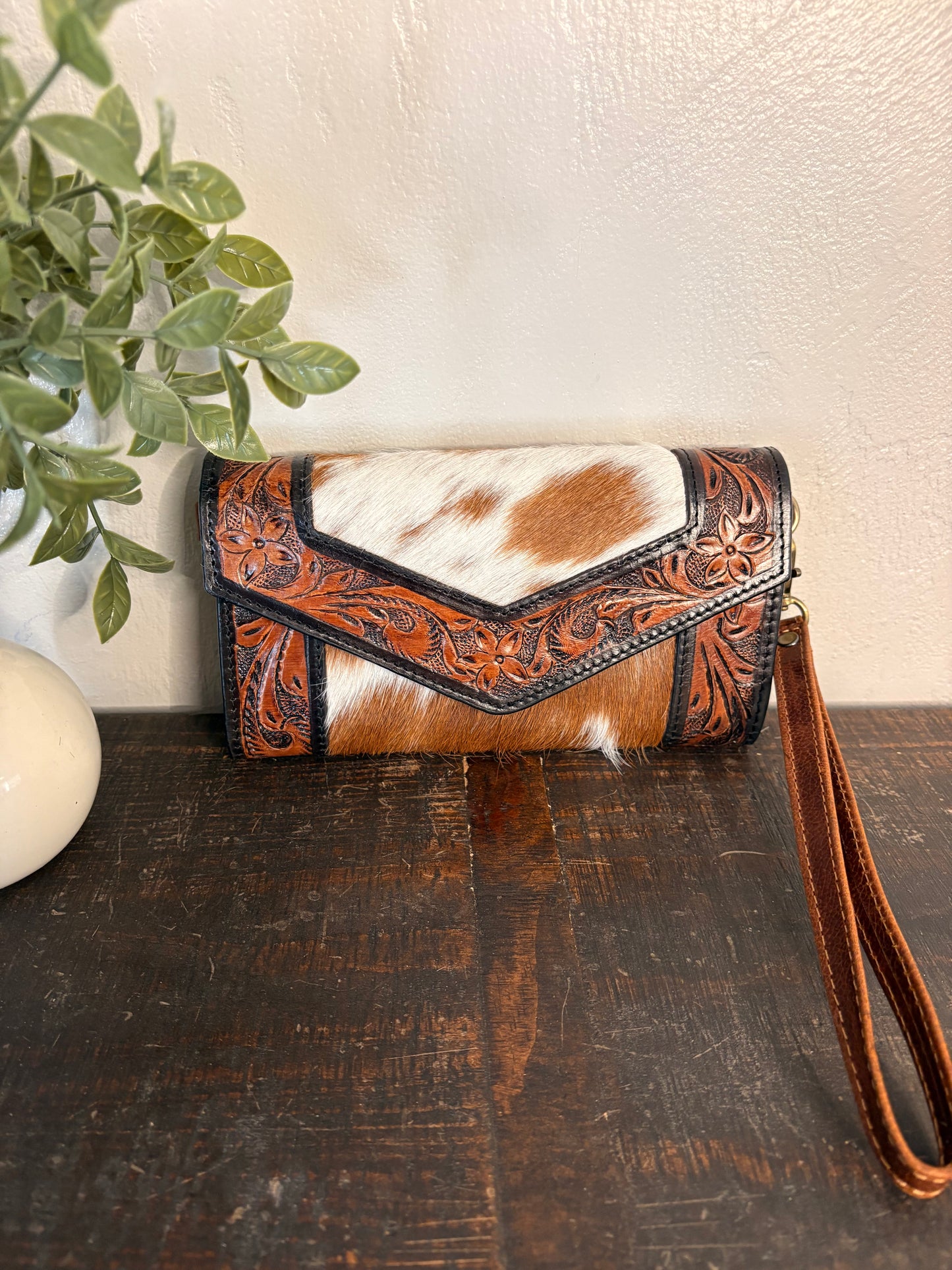 Tooled Leather & Cowhide Wallet / Clutch / Crossbody