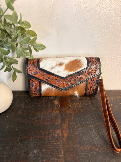 Tooled Leather & Cowhide Wallet / Clutch / Crossbody