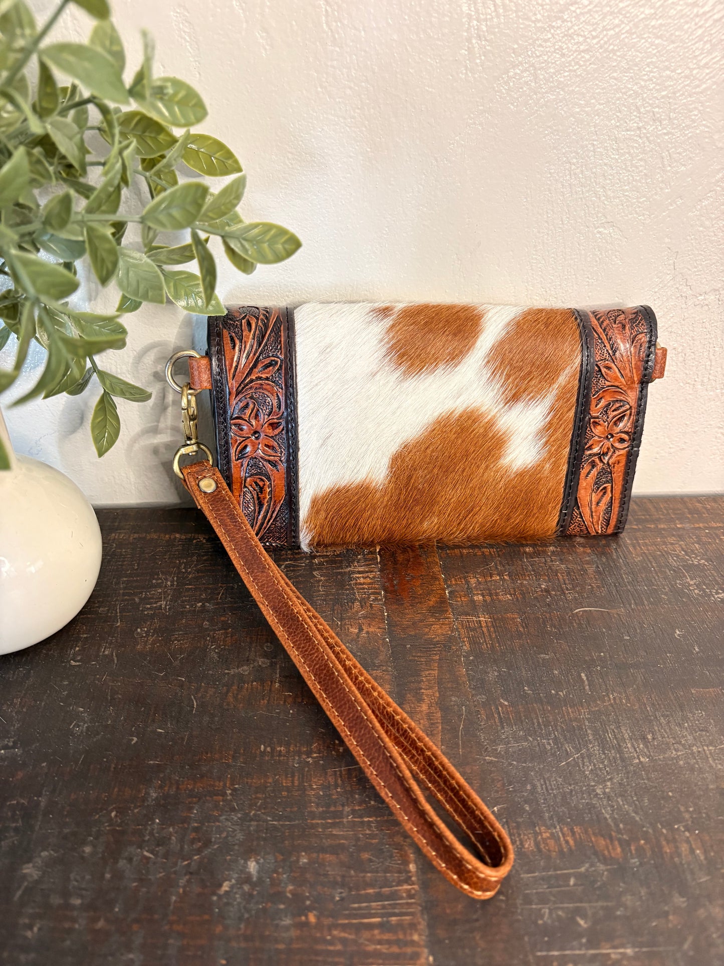 Tooled Leather & Cowhide Wallet / Clutch / Crossbody