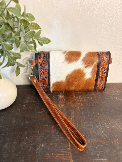 Tooled Leather & Cowhide Wallet / Clutch / Crossbody