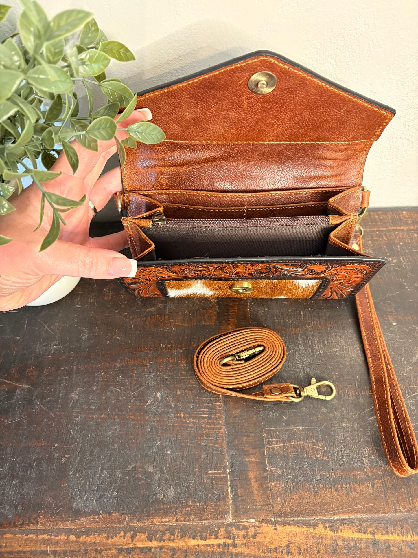 Tooled Leather & Cowhide Wallet / Clutch / Crossbody