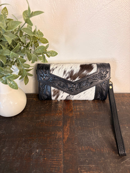 Black Tooled Leather and Cowhide Wallet / Crossbody / Clutch