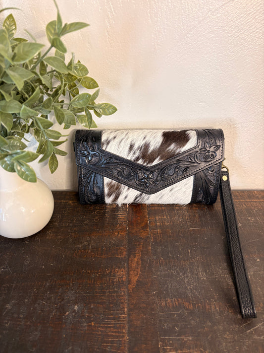 Black Tooled Leather and Cowhide Wallet / Crossbody / Clutch