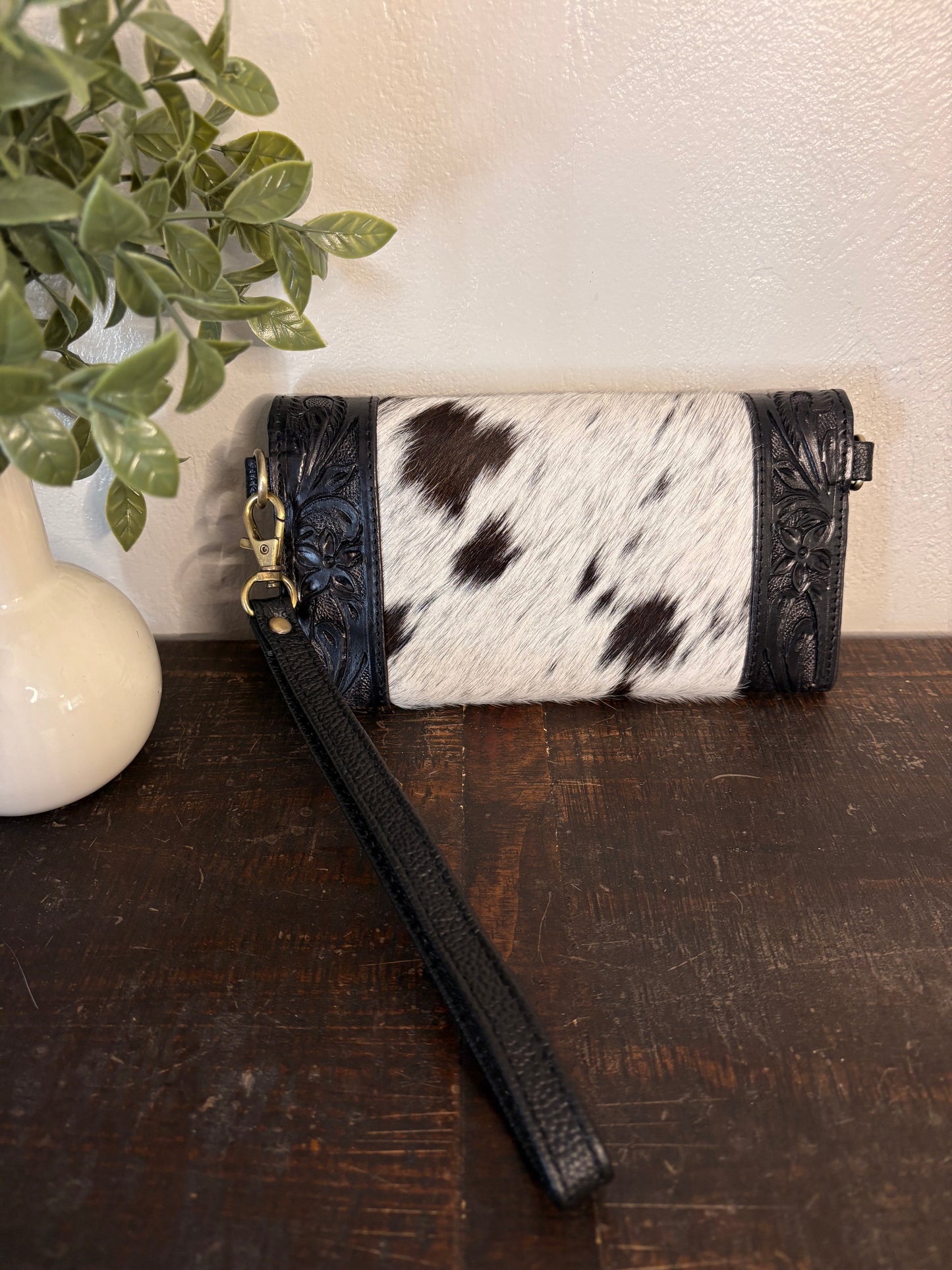 Black Tooled Leather and Cowhide Wallet / Crossbody / Clutch