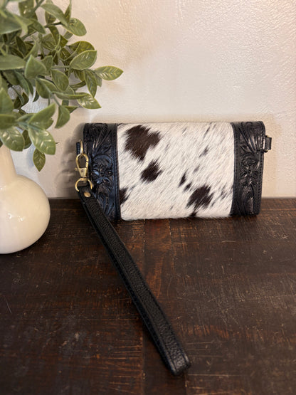 Black Tooled Leather and Cowhide Wallet / Crossbody / Clutch