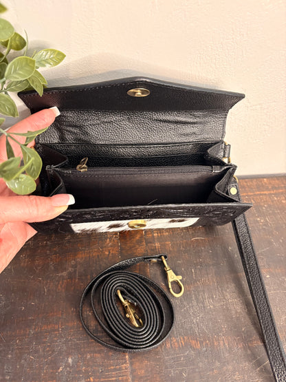 Black Tooled Leather and Cowhide Wallet / Crossbody / Clutch
