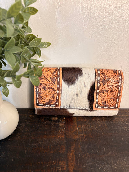 Tooled Leather and Brown / White Cowhide Wallet