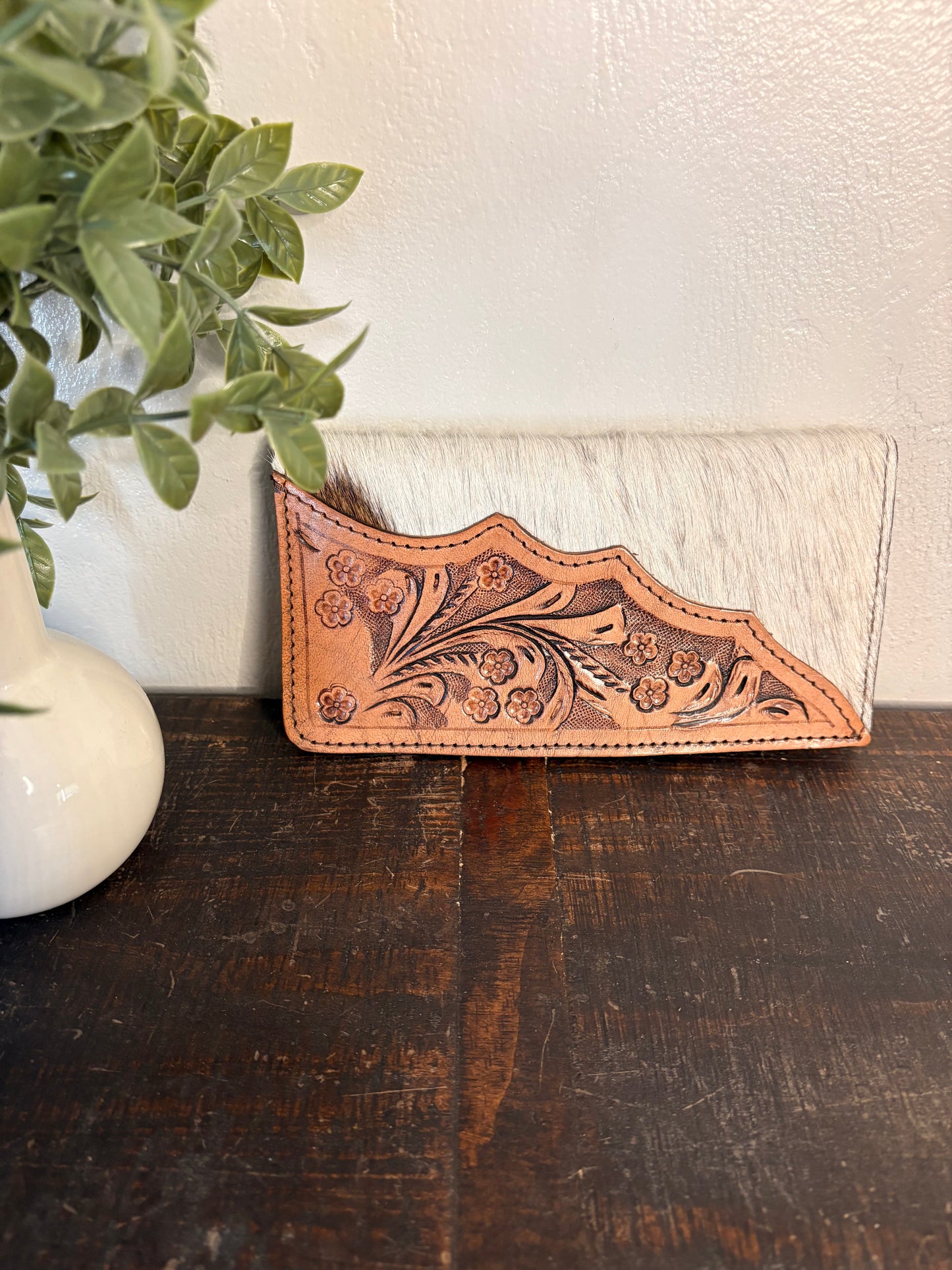 Tooled Leather and Cowhide Wallet